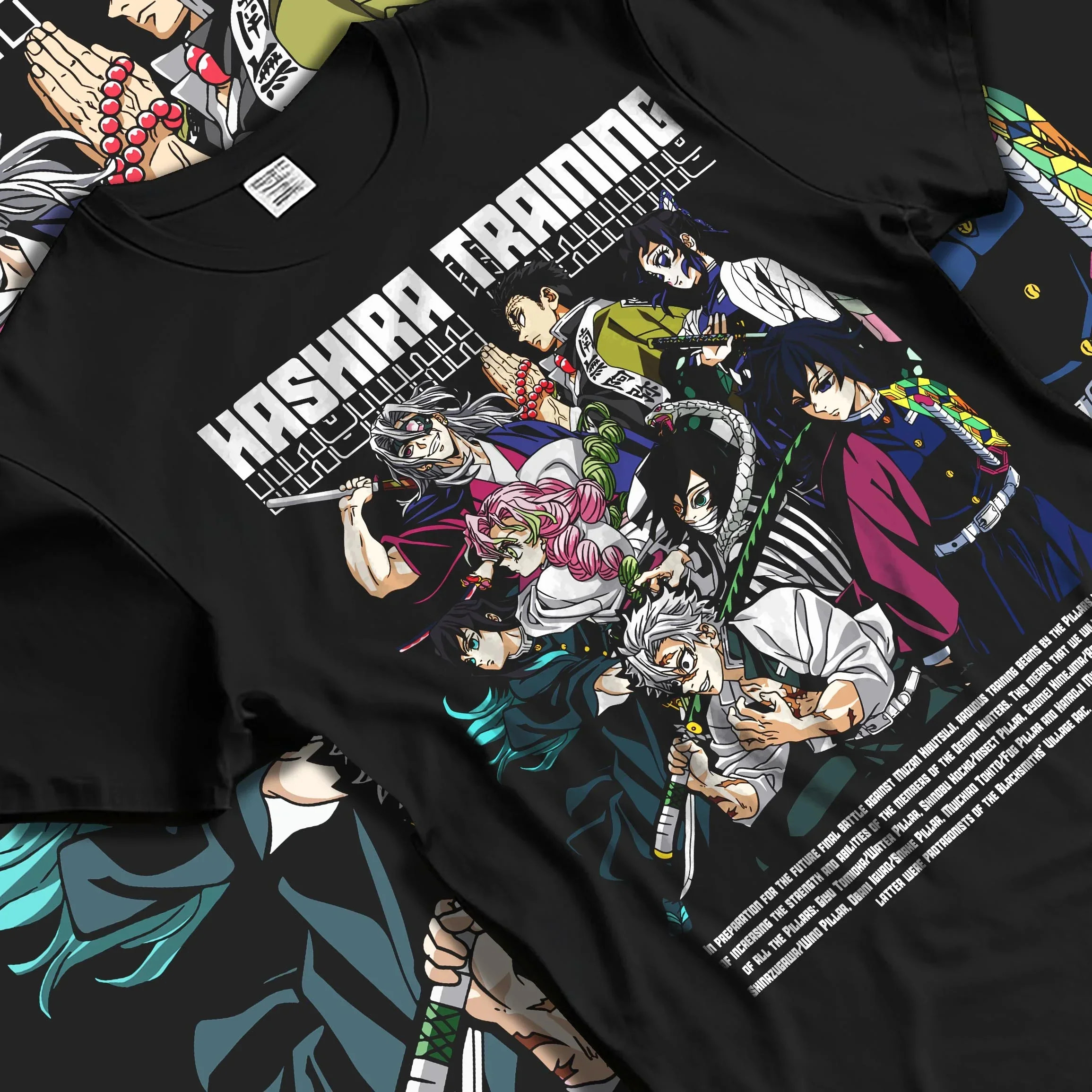 Black T-shirt laid flat with natural folds with Demon Slayer Hoodie Hashira Training Group Roster graphic premium wear.