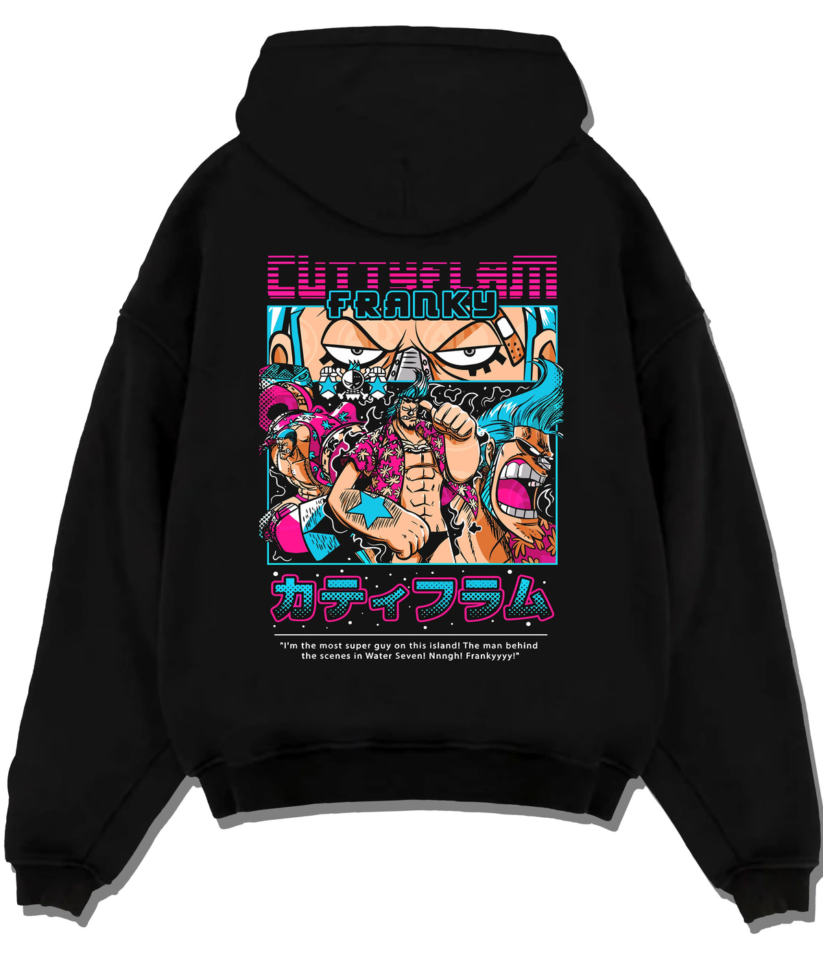 Black hoodie flat back view with Franky / Cutty Flam from One Piece illustrated back graphic