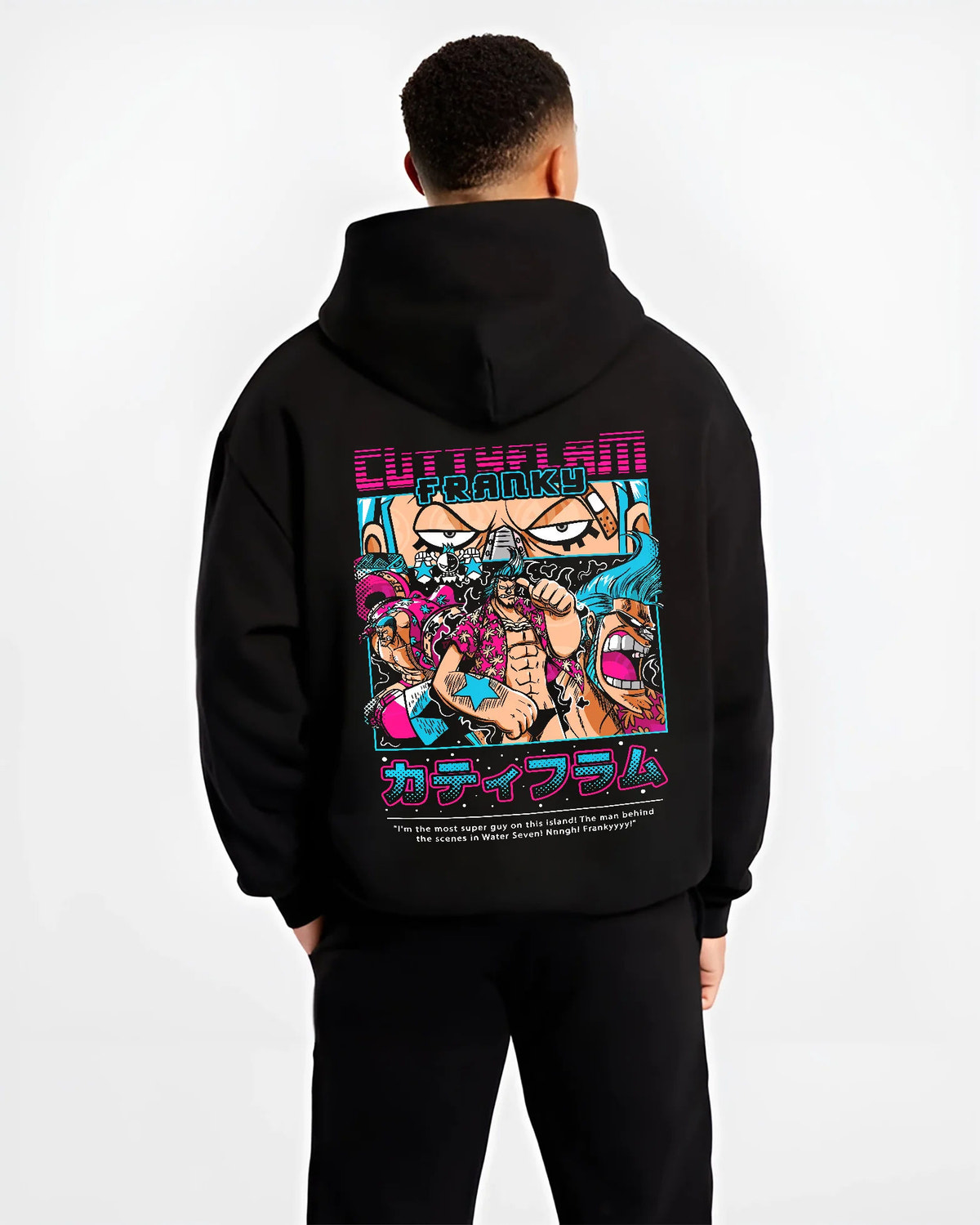 Black hoodie model back view with Franky / Cutty Flam from One Piece illustrated back graphic