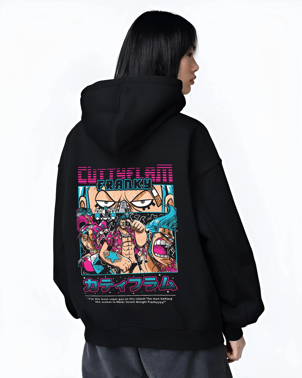Black hoodie female model back view with Franky / Cutty Flam from One Piece illustrated back graphic