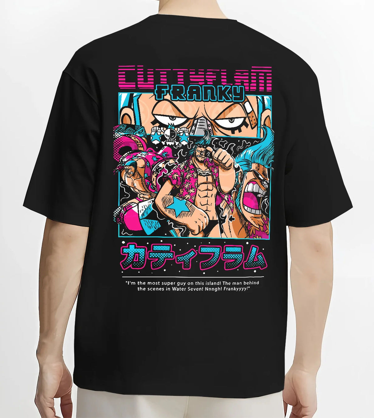Black T-shirt model back view with Franky / Cutty Flam from One Piece illustrated back graphic