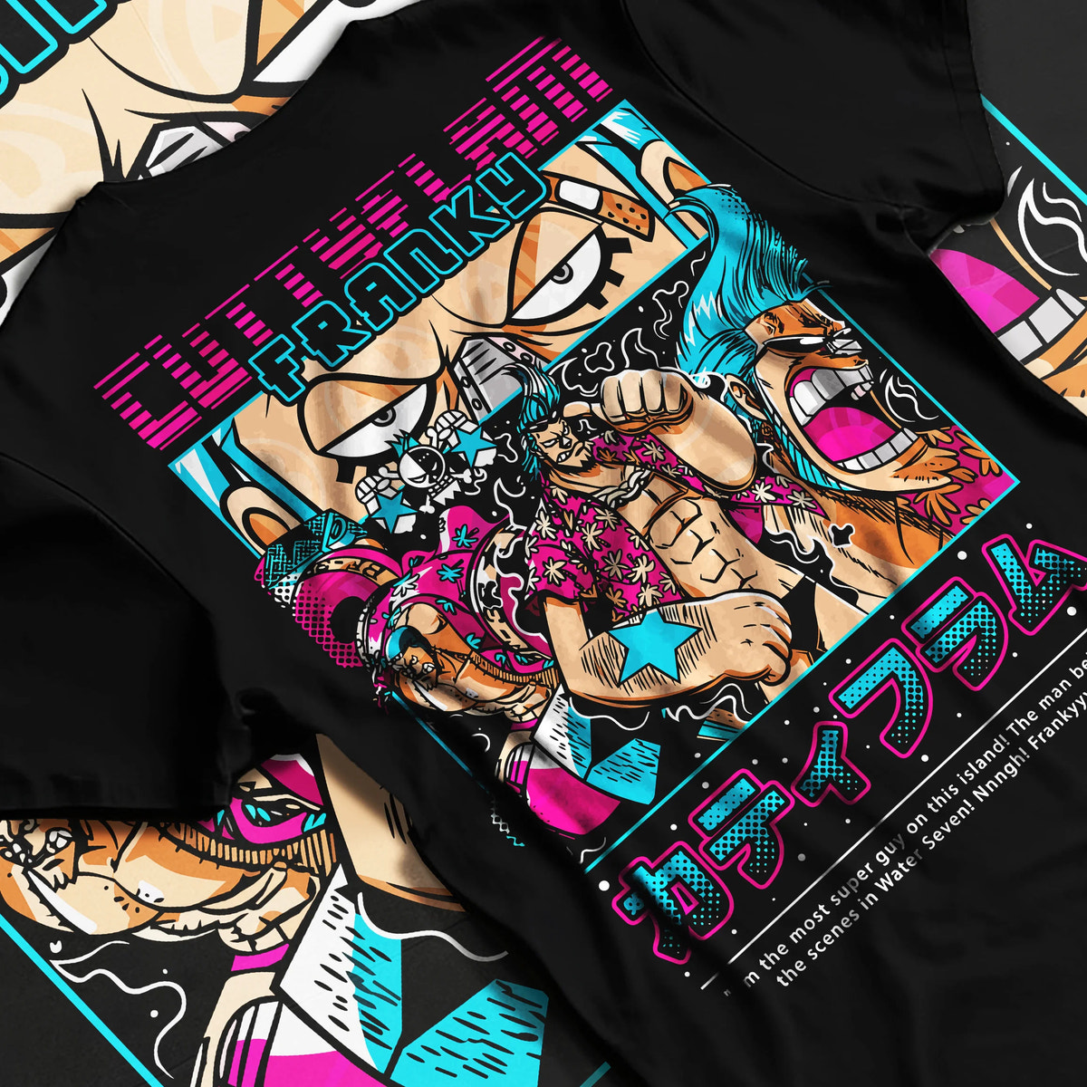 Black T-shirt flat back view with Franky / Cutty Flam from One Piece illustrated back graphic