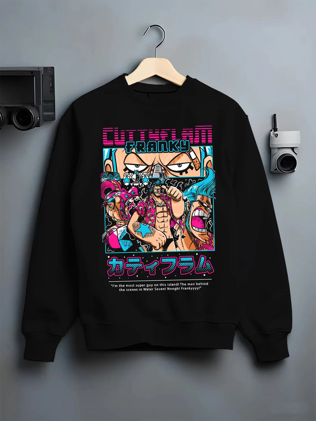 Black crewneck sweatshirt on hanger with Franky / Cutty Flam from One Piece illustrated back graphic