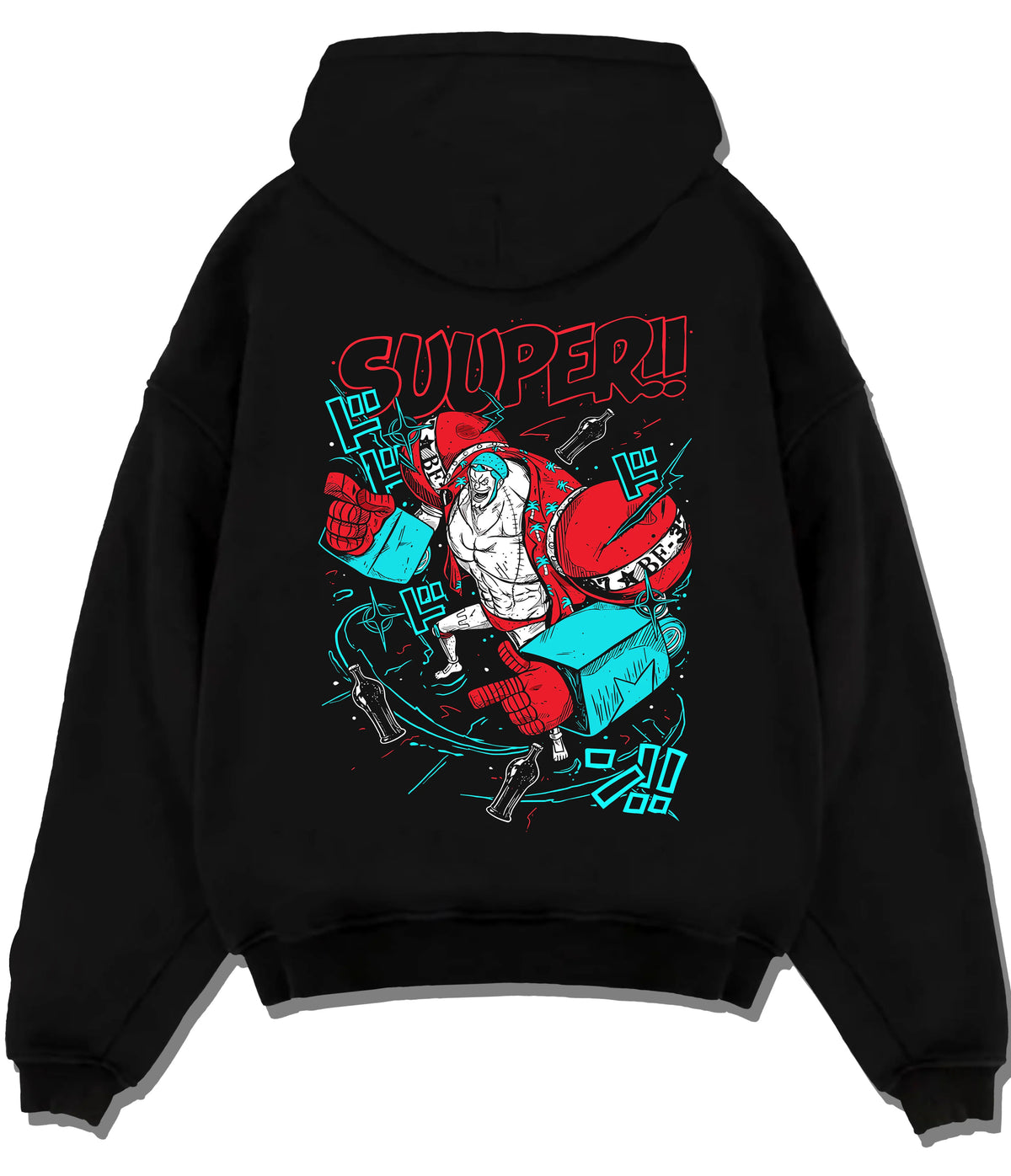 Black hoodie flat back view with Franky in red cyborg armor from One Piece illustrated back graphic