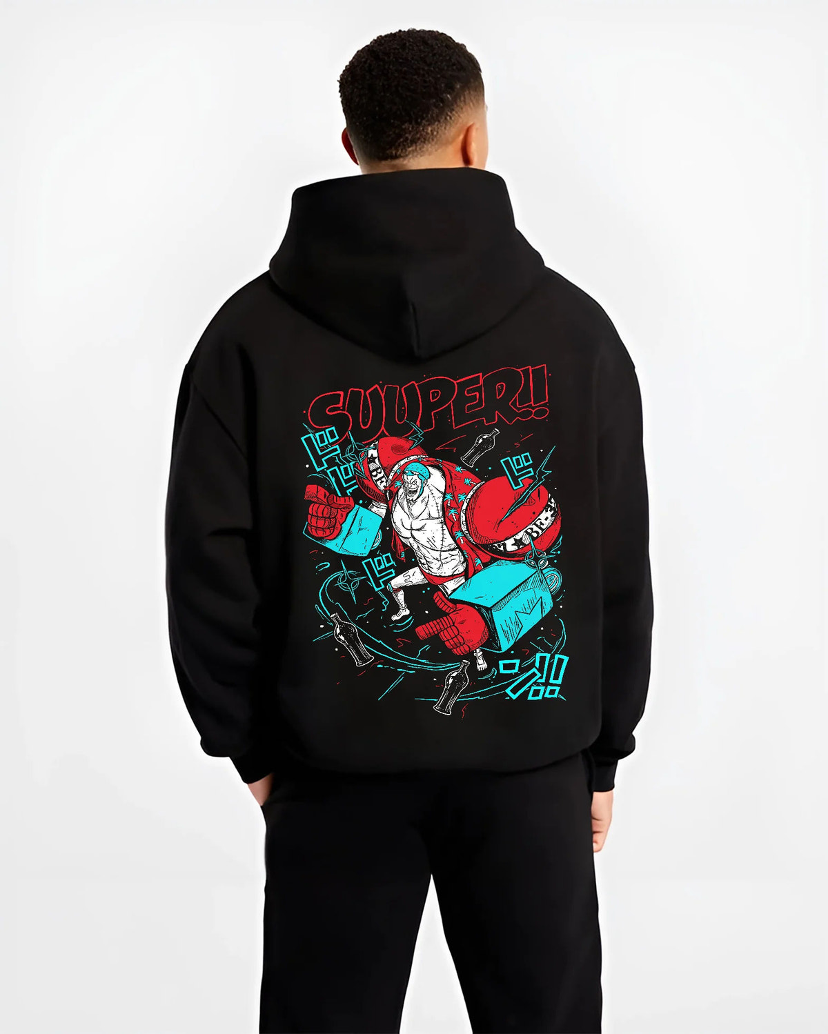 Black hoodie model back view with Franky in red cyborg armor from One Piece illustrated back graphic