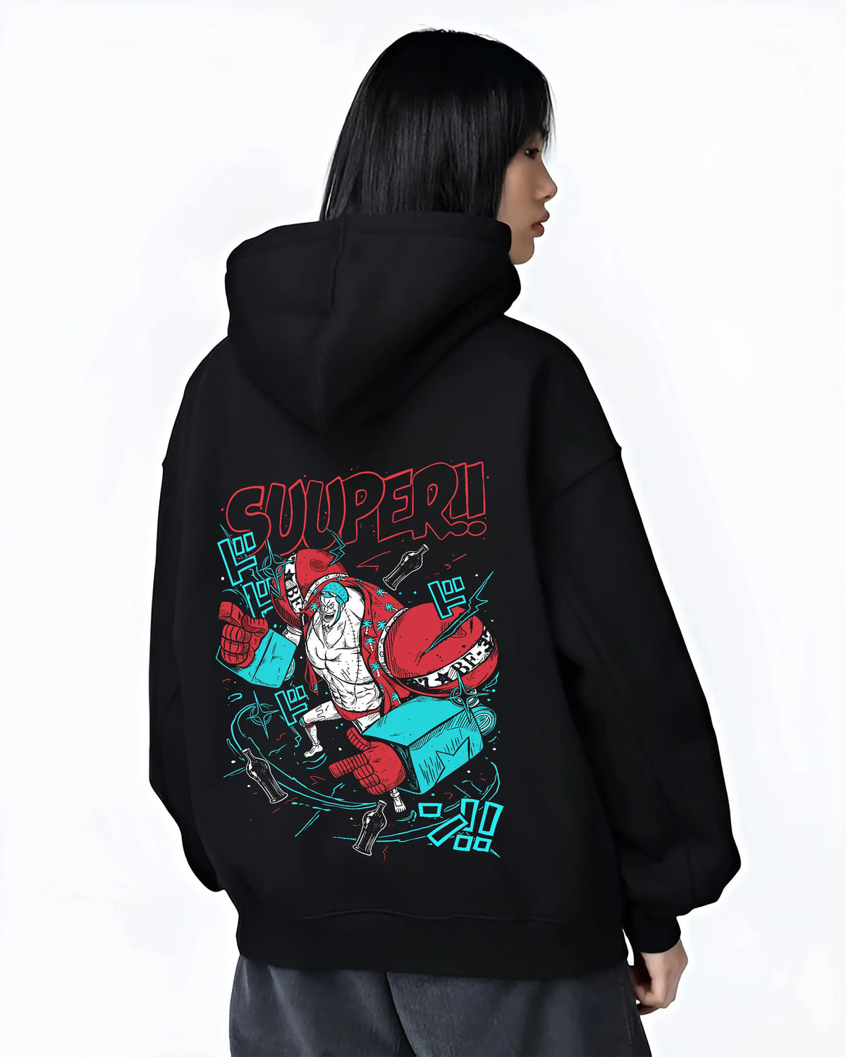 Black hoodie female model back view with Franky in red cyborg armor from One Piece illustrated back graphic