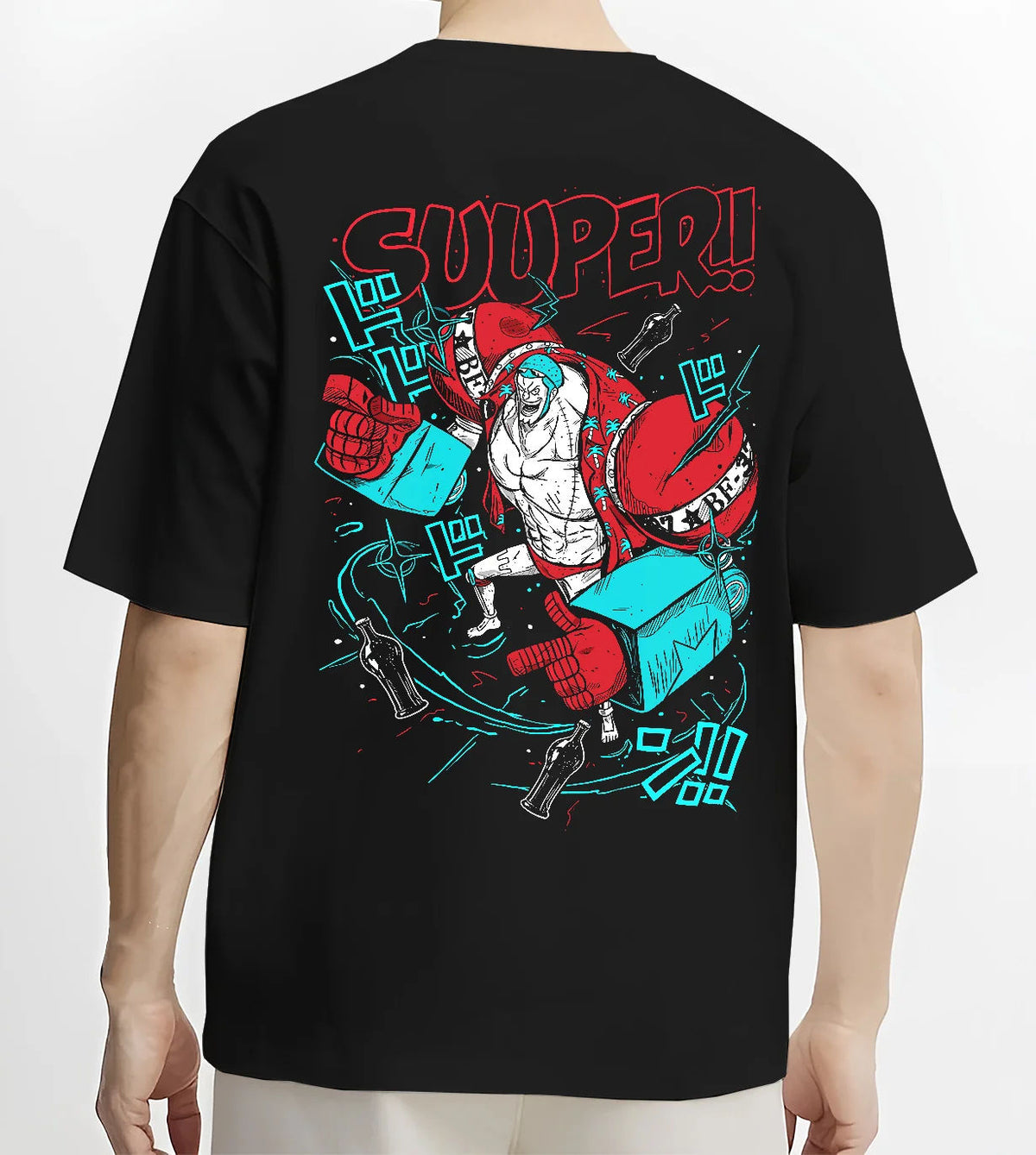 Black T-shirt model back view with Franky in red cyborg armor from One Piece illustrated back graphic