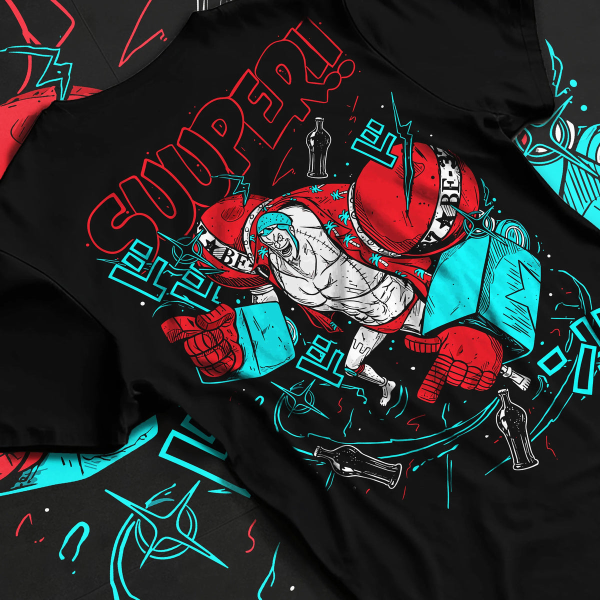 Black T-shirt flat back view with Franky in red cyborg armor from One Piece illustrated back graphic