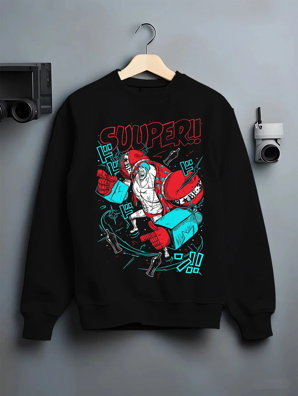 Black crewneck sweatshirt on hanger with Franky in red cyborg armor from One Piece illustrated back graphic