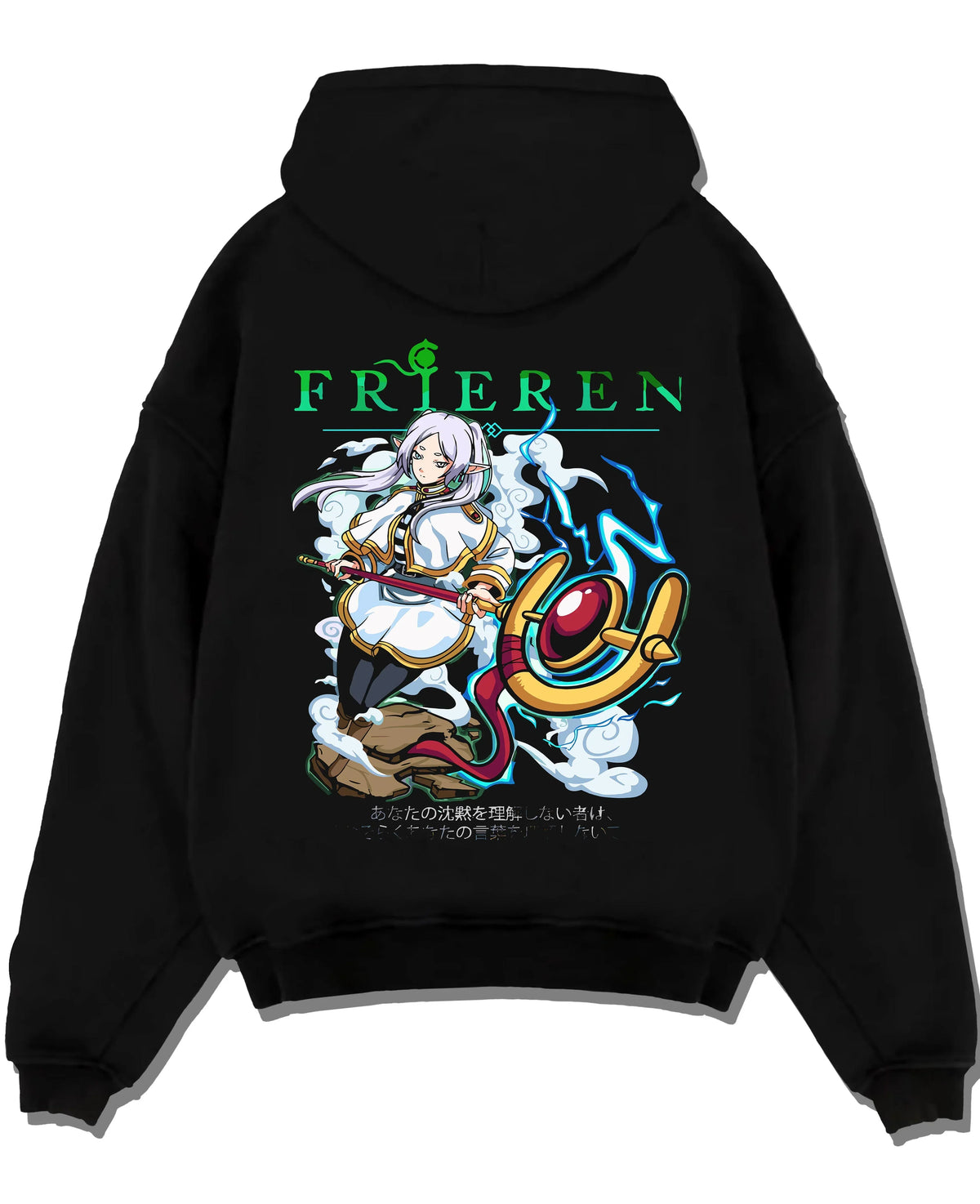 Black pullover hoodie laid flat with Frieren Hoodie Beyond Journey’s End Magic Pose graphic streetwear graphic.