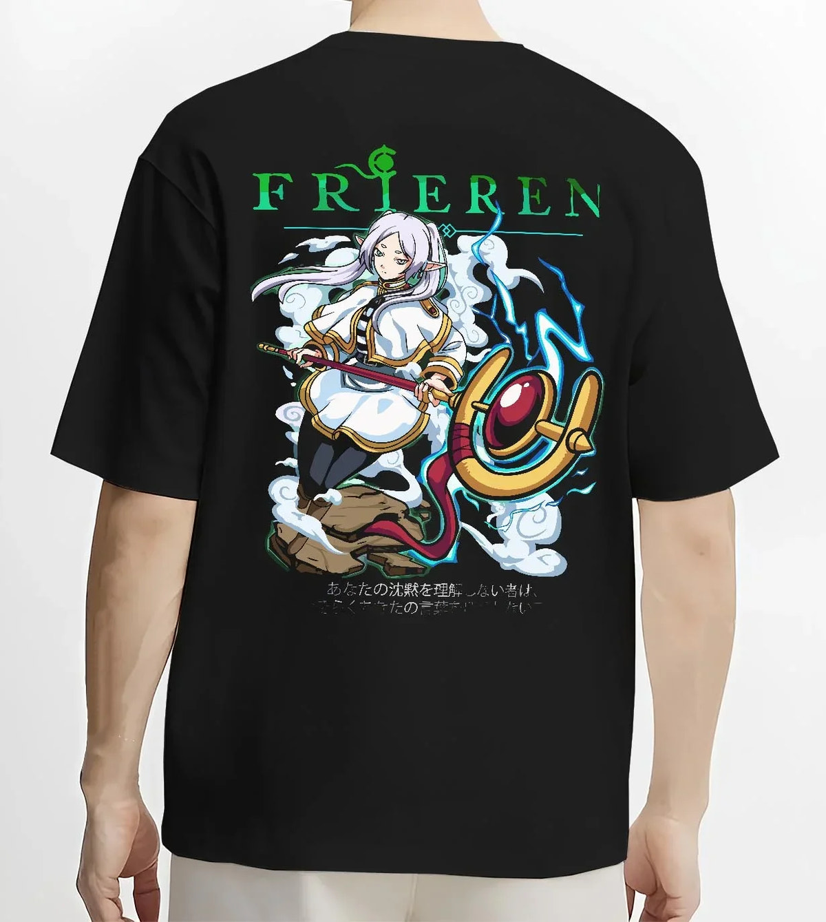 Black T-shirt worn by male model, back view with Frieren Hoodie Beyond Journey’s End Magic Pose graphic premium wear.
