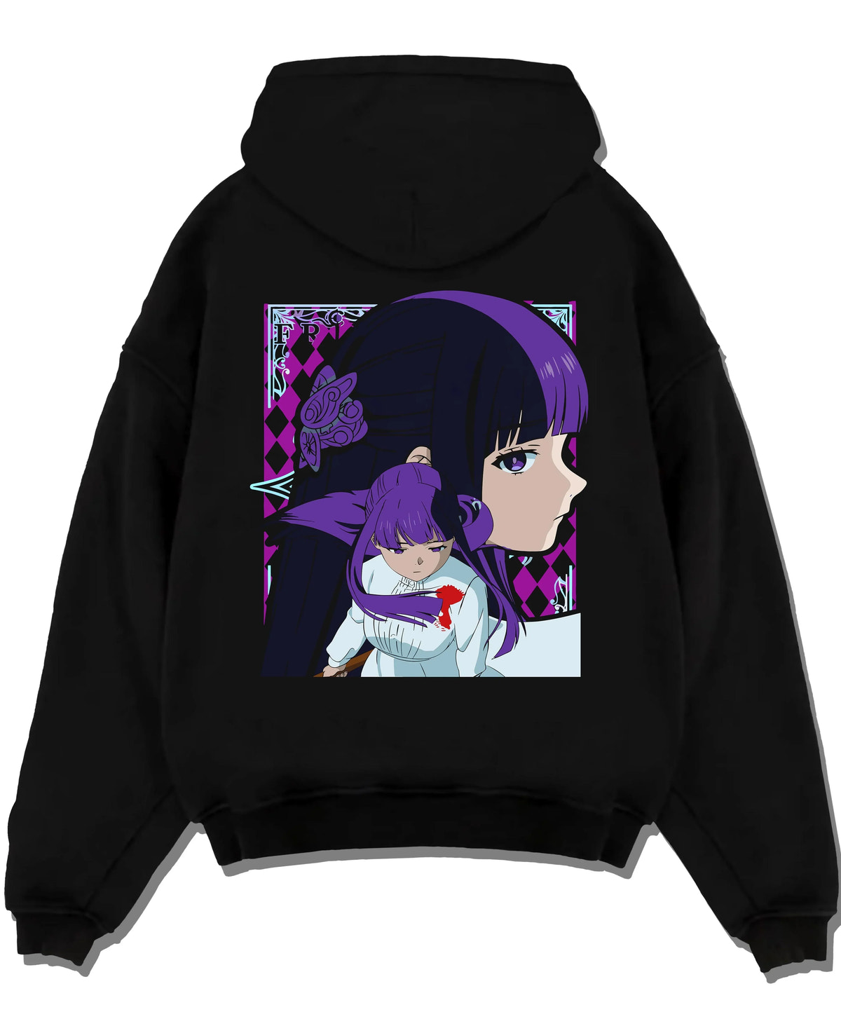 Black pullover hoodie laid flat with Frieren Hoodie Beyond Journey’s End Purple Dress graphic bold anime graphic.