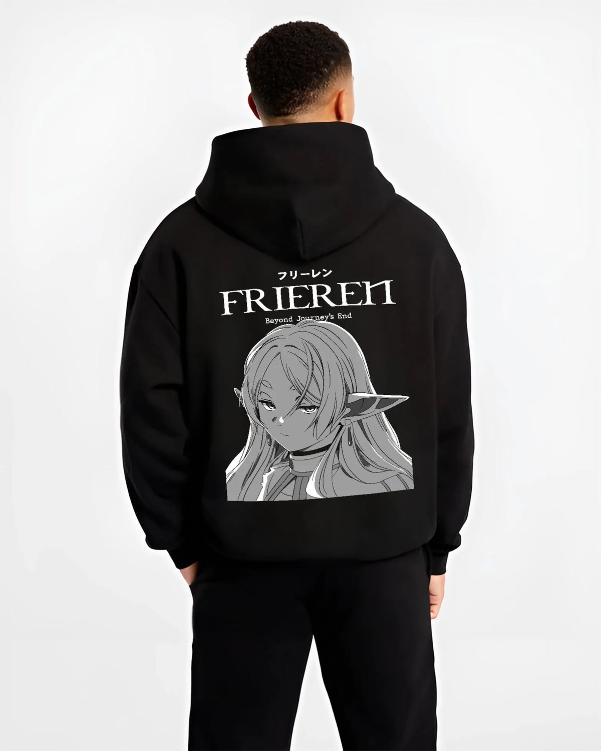 Black hoodie model back view showing Frieren from Frieren: Beyond Journey's End: monochrome portrait