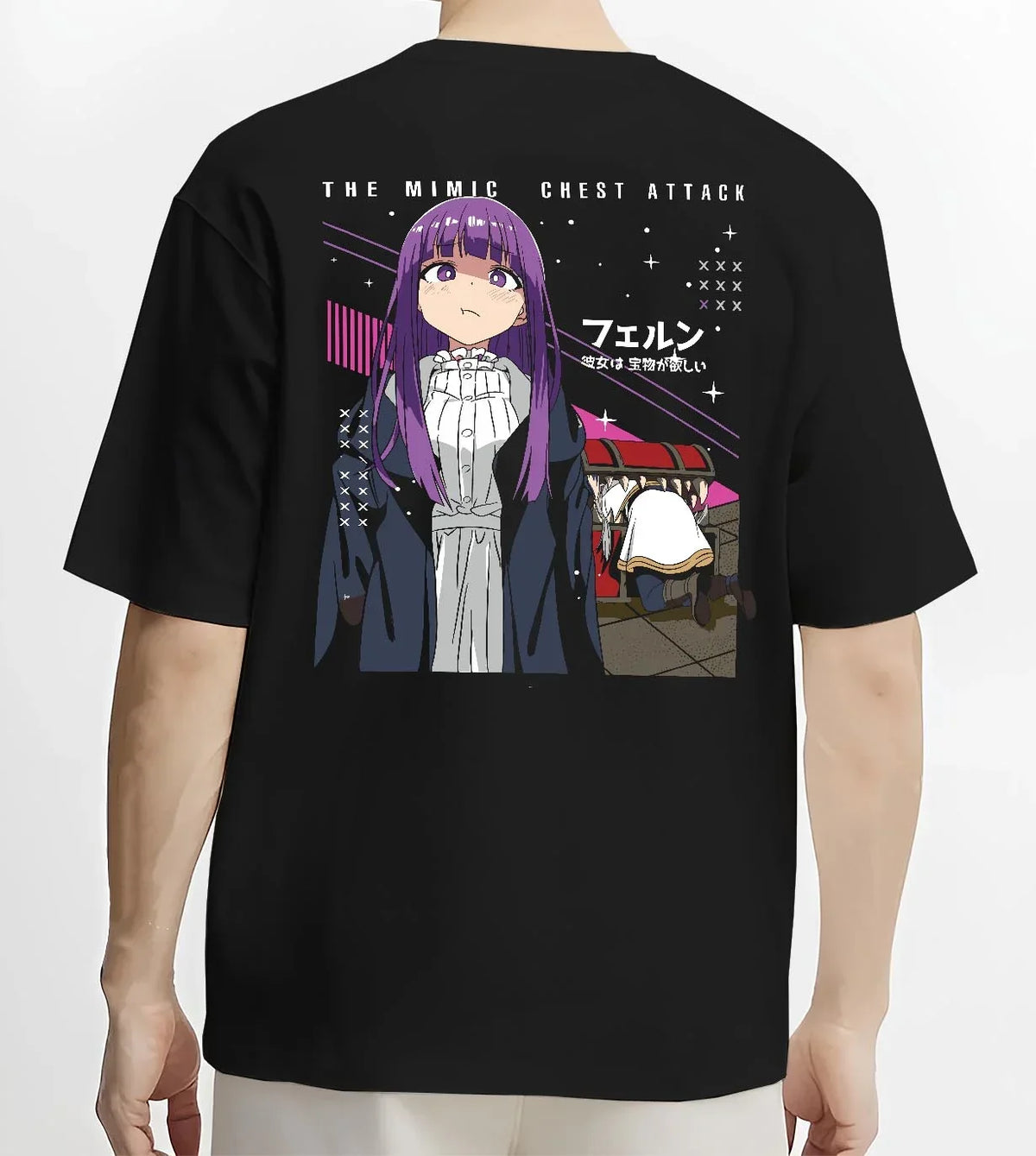 Black T-shirt worn by male model, back view with Frieren Hoodie Beyond Journey’s End White Dress graphic streetwear graphic.