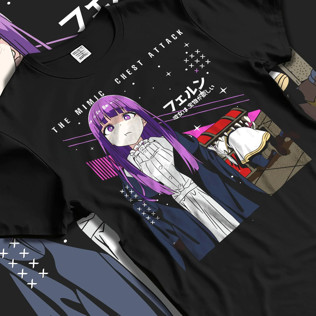 Black T-shirt laid flat with natural folds with Frieren Hoodie Beyond Journey’s End White Dress graphic premium wear.