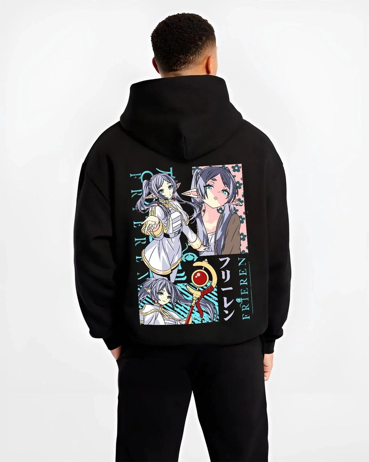 Black hoodie worn by male model, back view with Frieren Hoodie Beyond Journey’s End Twin Sisters graphic bold anime graphic.
