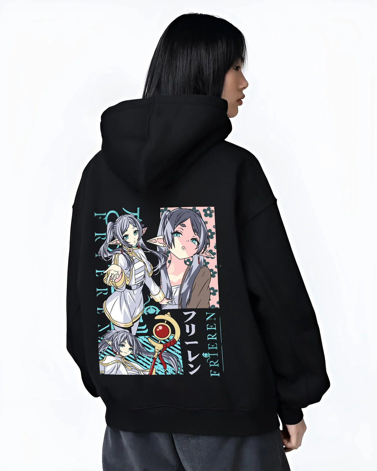 Black hoodie worn by female model, back view with Frieren Hoodie Beyond Journey’s End Twin Sisters graphic bold anime graphic.