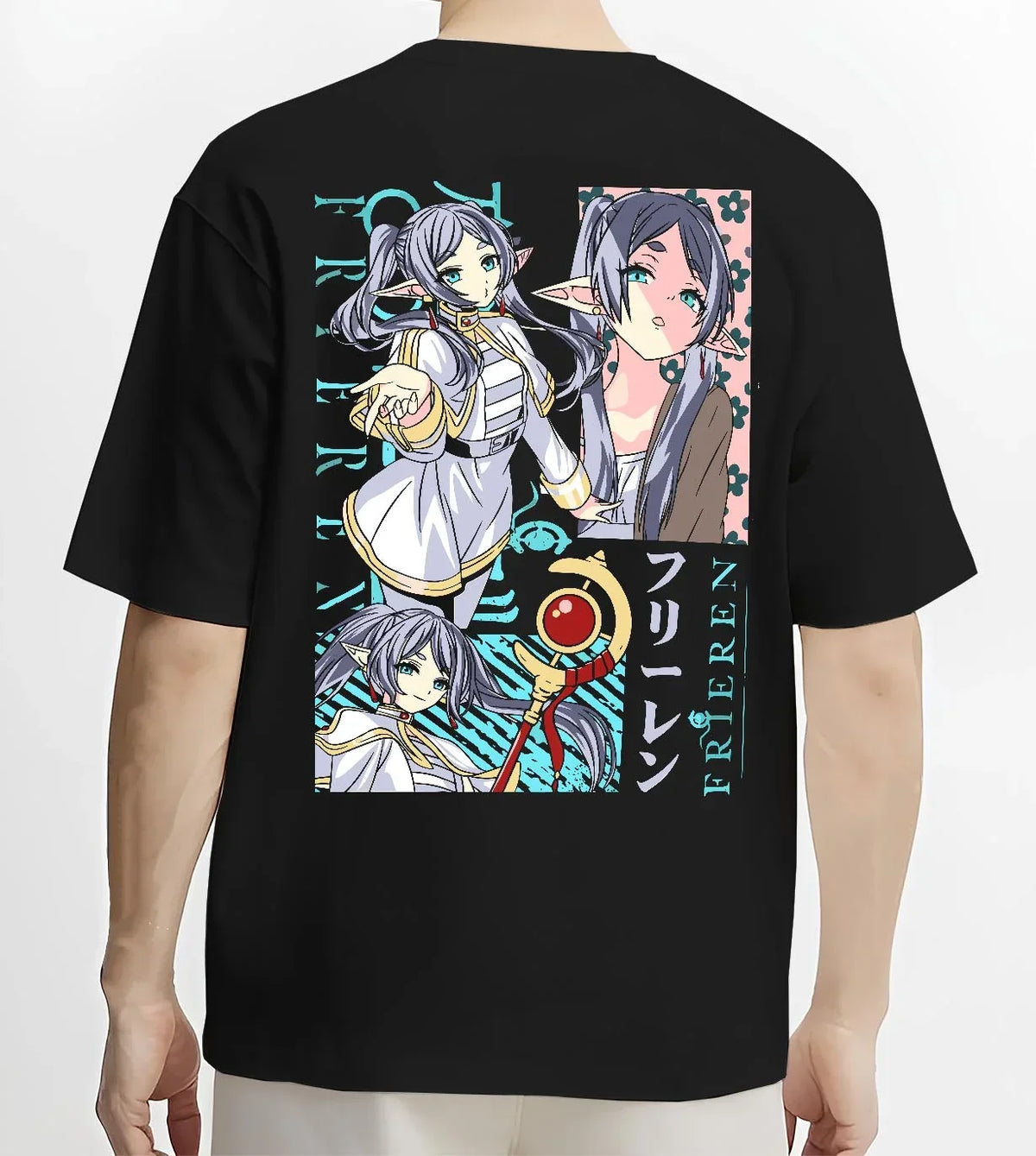 Black T-shirt worn by male model, back view with Frieren Hoodie Beyond Journey’s End Twin Sisters graphic streetwear graphic.