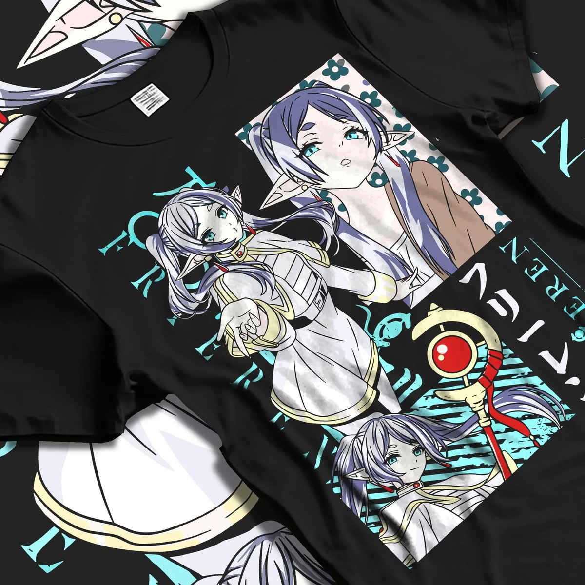 Black T-shirt laid flat with natural folds with Frieren Hoodie Beyond Journey’s End Twin Sisters graphic premium wear.