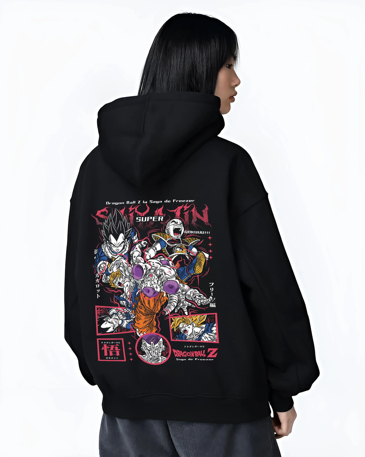 Black hoodie female model back view with Frieza and Dragon Ball Z fighters collage illustrated back graphic