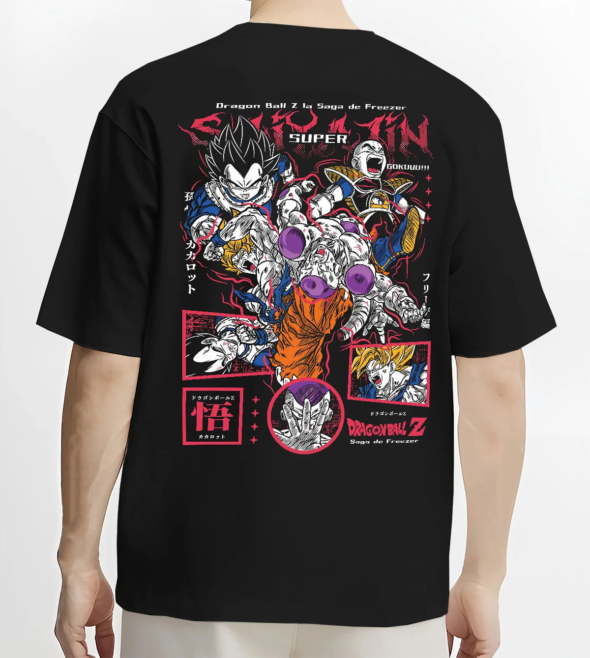 Black T-shirt model back view with Frieza and Dragon Ball Z fighters collage illustrated back graphic