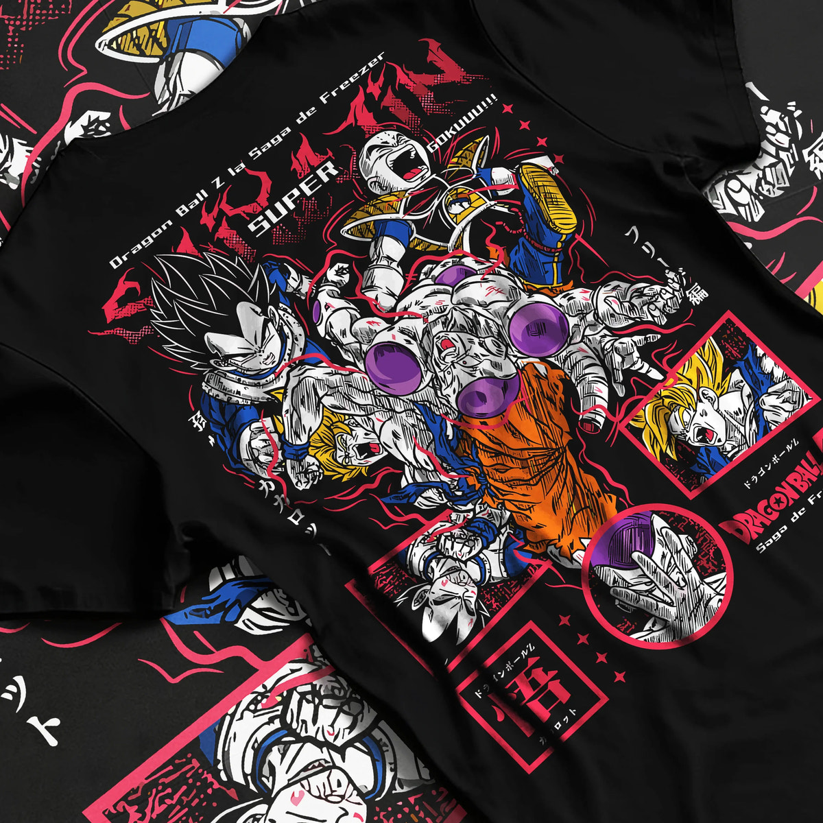 Black T-shirt flat back view with Frieza and Dragon Ball Z fighters collage illustrated back graphic