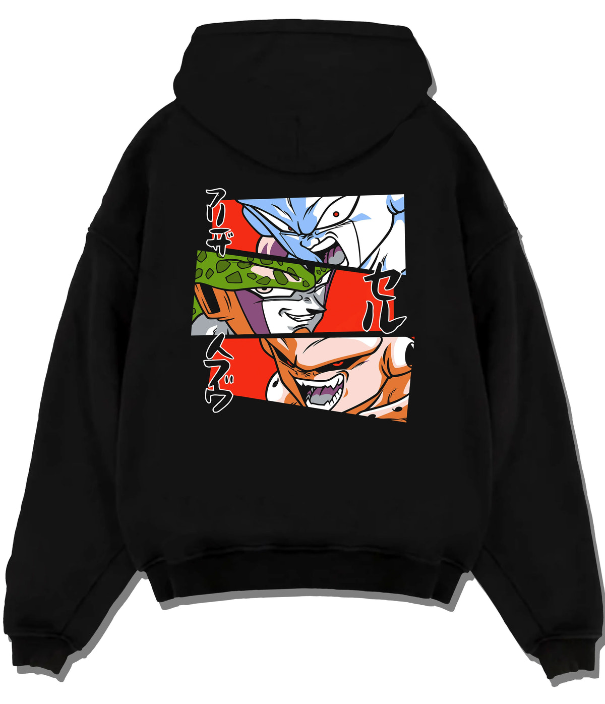 Black hoodie flat back view with Frieza, Cell and Majin Buu from Dragon Ball illustrated back graphic