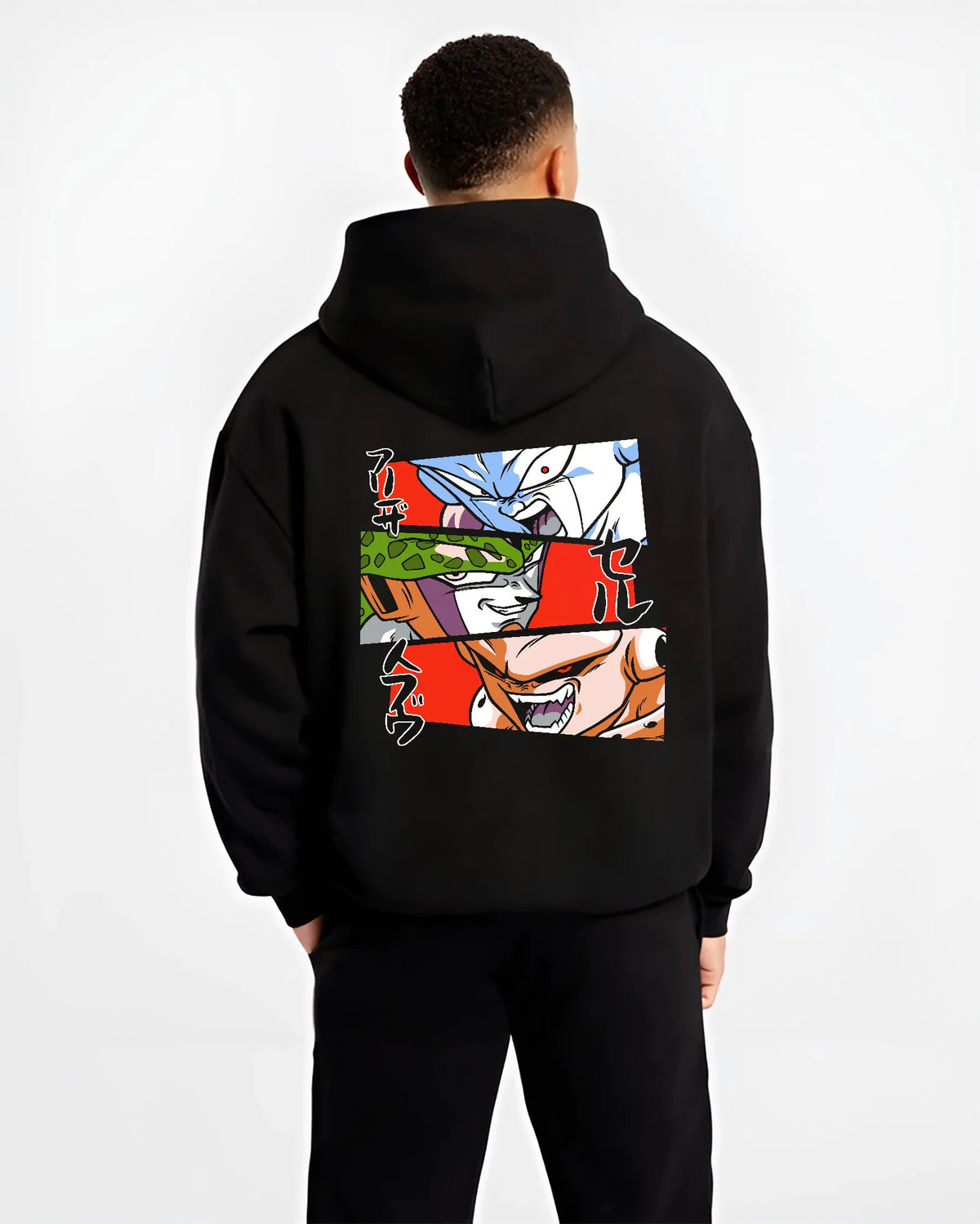 Black hoodie model back view with Frieza, Cell and Majin Buu from Dragon Ball illustrated back graphic