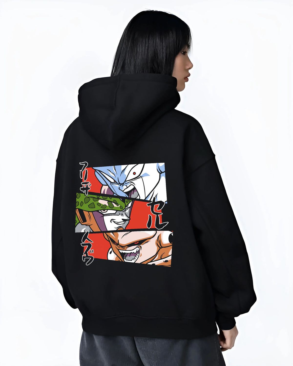 Black hoodie female model back view with Frieza, Cell and Majin Buu from Dragon Ball illustrated back graphic