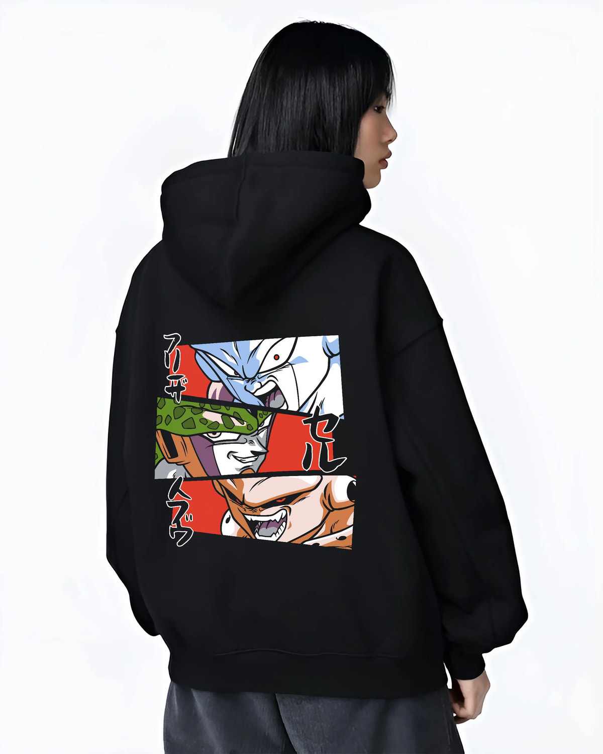 Black hoodie female model back view with Frieza, Cell and Majin Buu from Dragon Ball illustrated back graphic