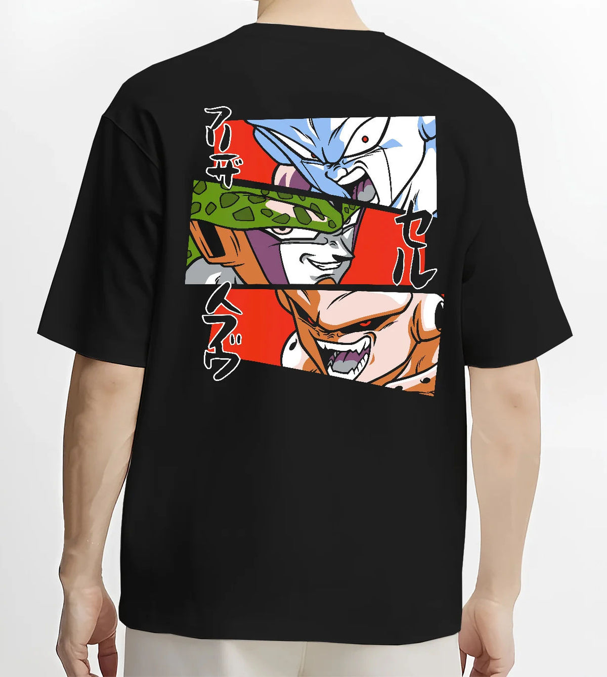 Black T-shirt model back view with Frieza, Cell and Majin Buu from Dragon Ball illustrated back graphic