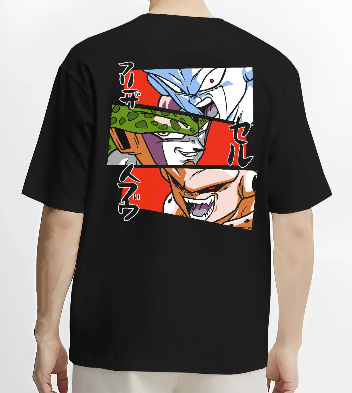 Black T-shirt model back view with Frieza, Cell and Majin Buu from Dragon Ball illustrated back graphic