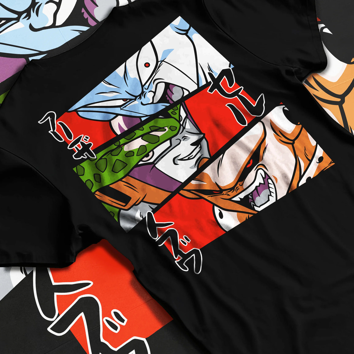 Black T-shirt flat back view with Frieza, Cell and Majin Buu from Dragon Ball illustrated back graphic