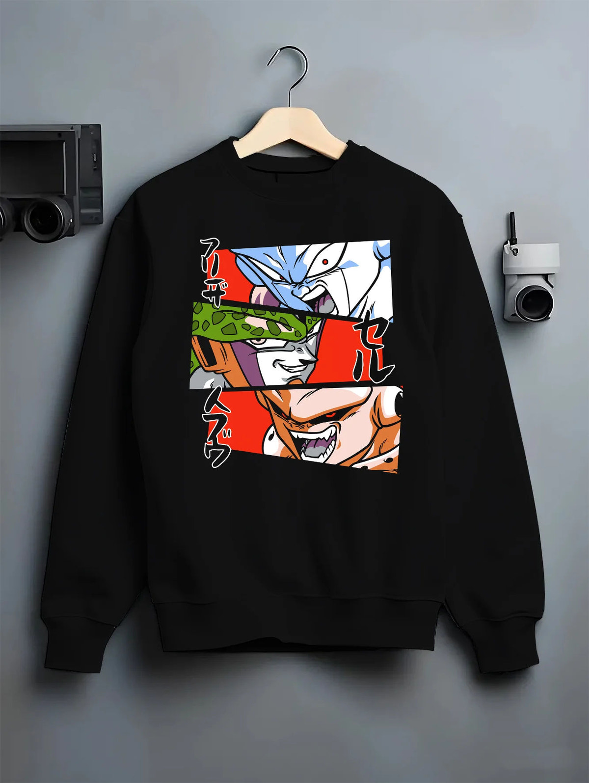 Black crewneck sweatshirt on hanger with Frieza, Cell and Majin Buu from Dragon Ball illustrated back graphic