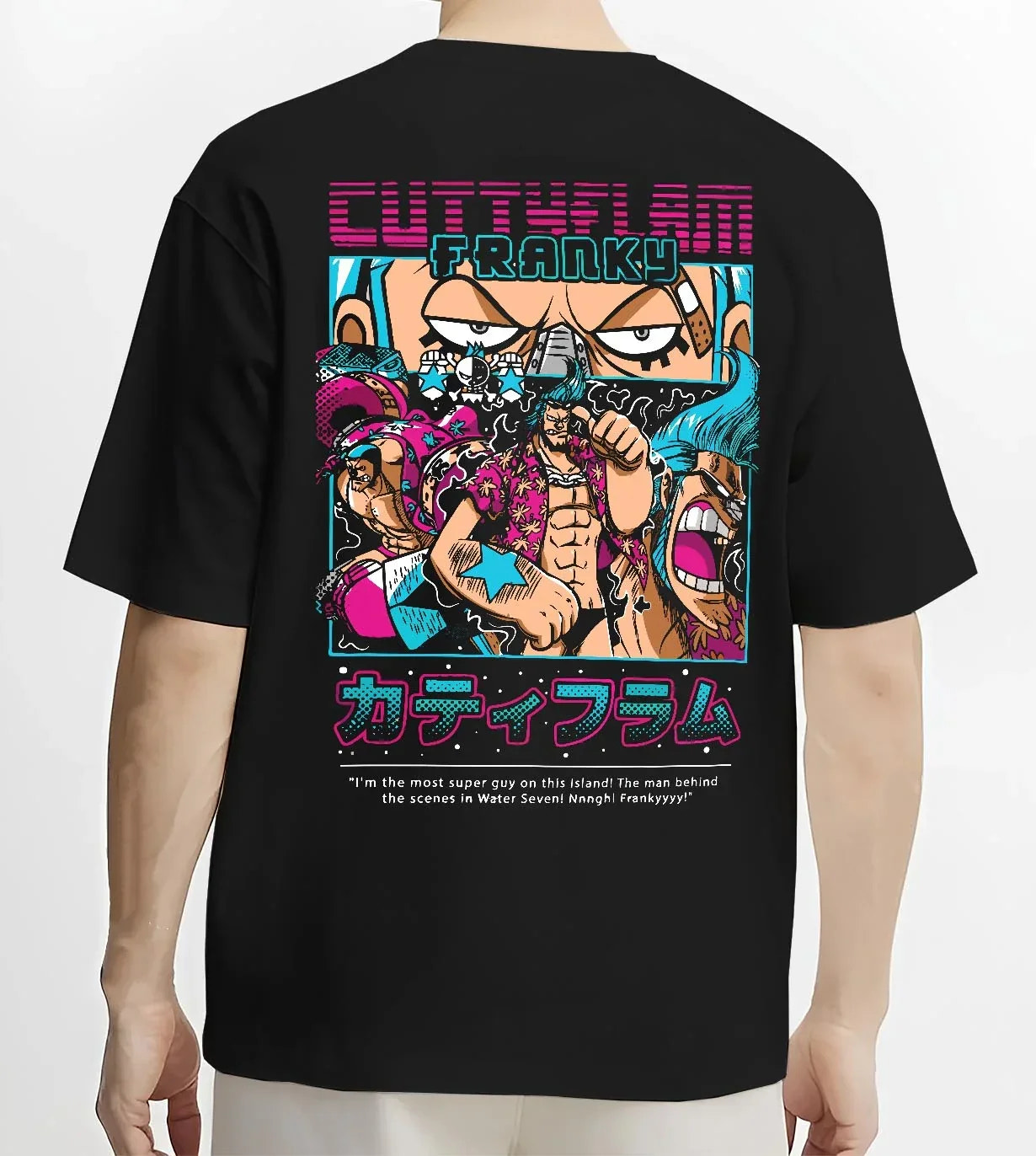 Black T-shirt worn by male model, back view with Franky Hoodie One Piece Cyborg Cola Power Burst graphic Franky anime design.