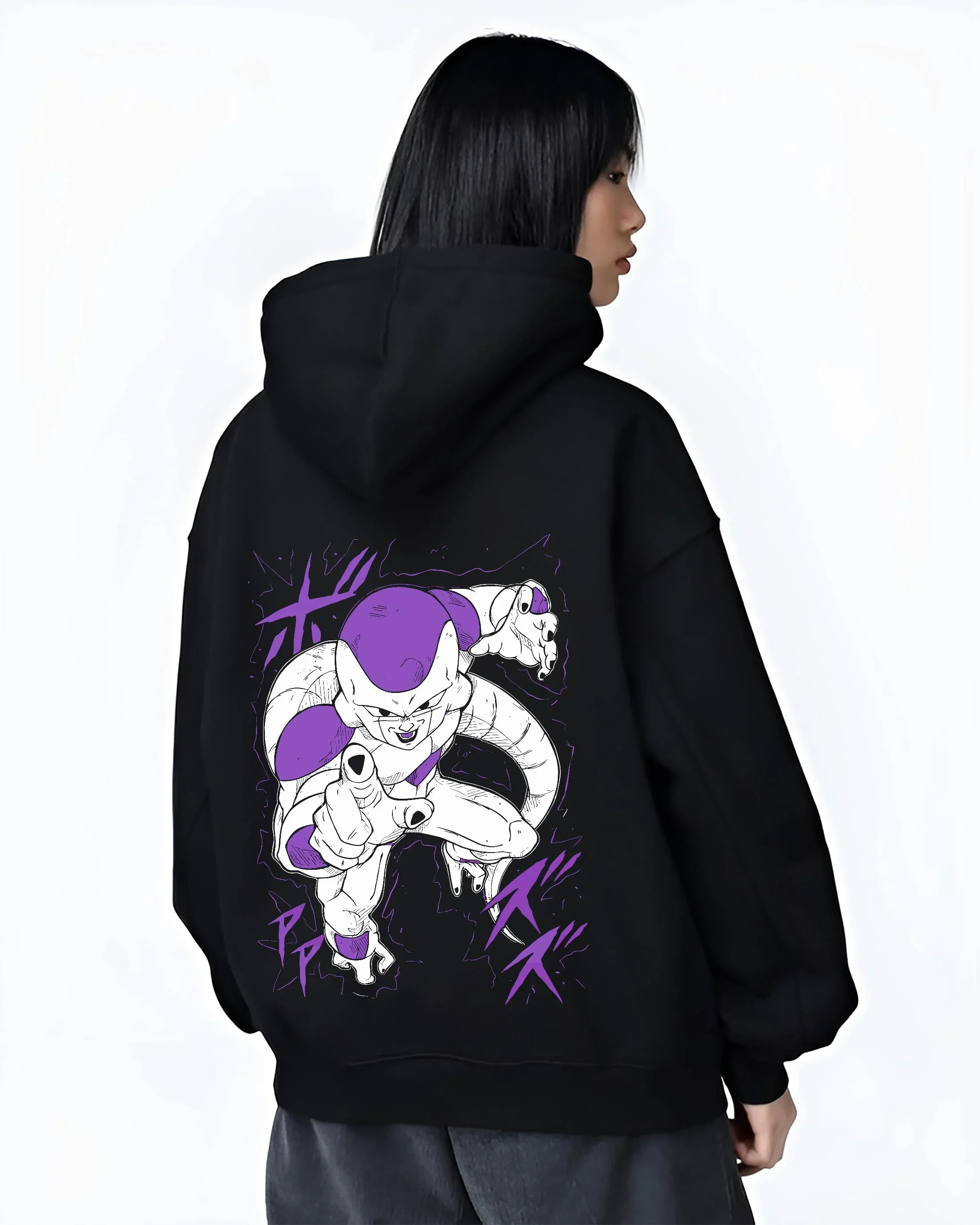 Black hoodie worn by female model, back view with Frieza Hoodie Dragon Ball Z First Form Classic graphic streetwear graphic.