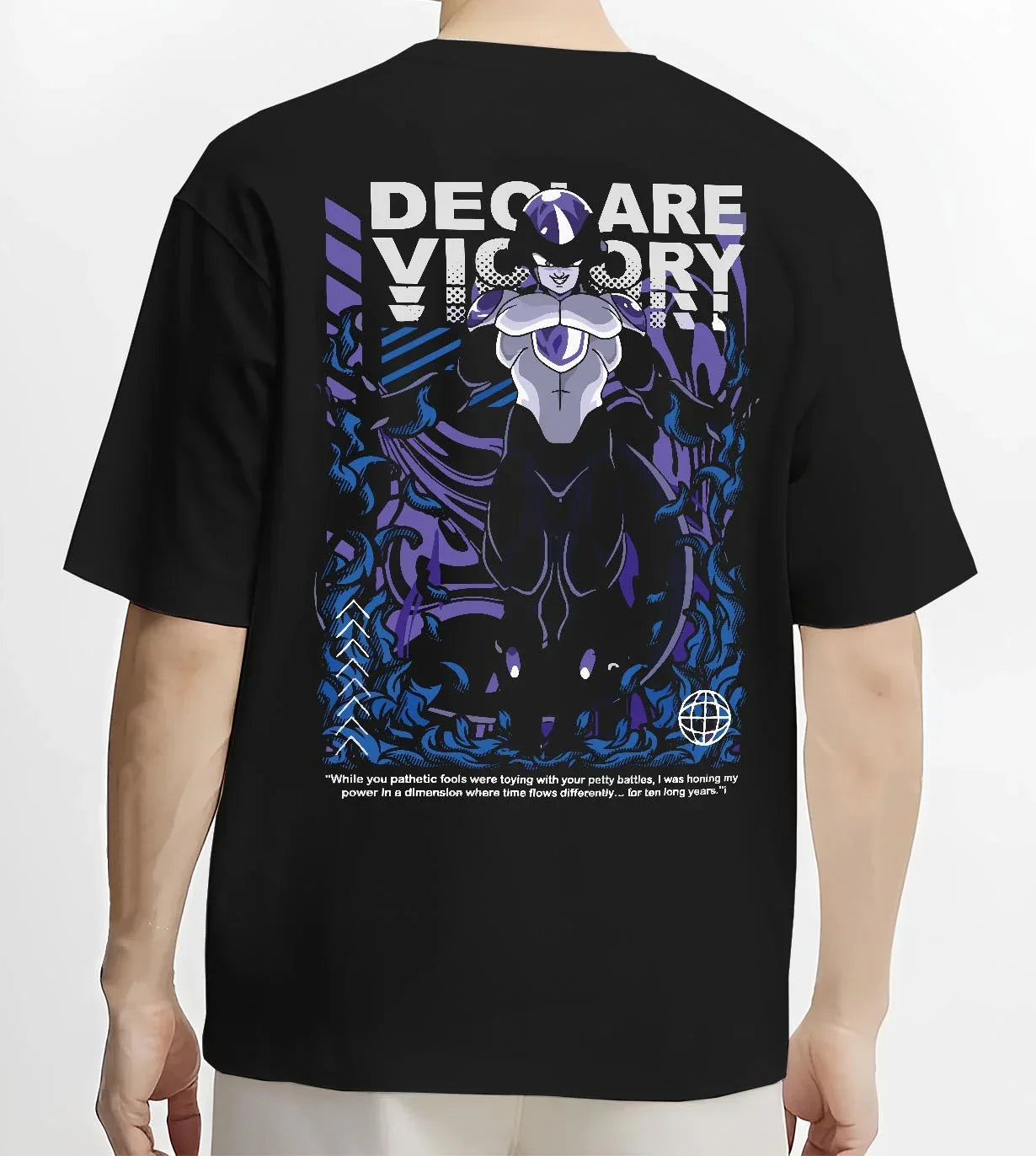 Black T-shirt worn by male model, back view with Frieza Hoodie Dragon Ball Z Declare Victory Art graphic bold anime graphic.