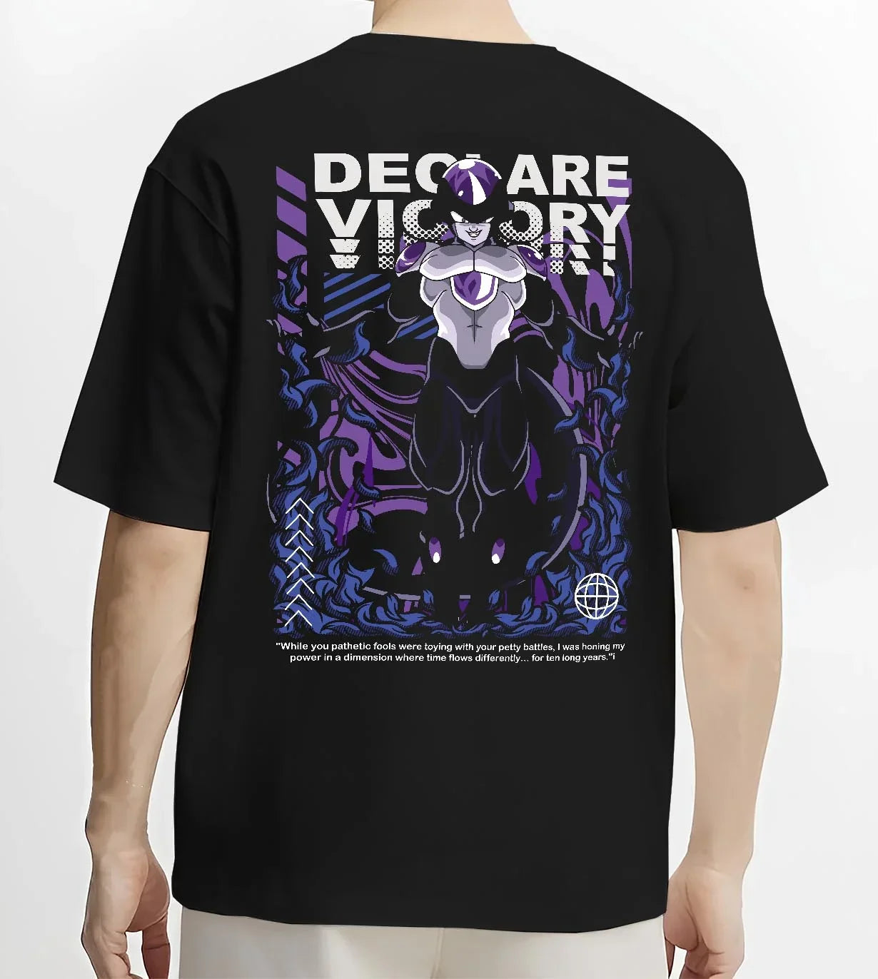 Black T-shirt worn by male model, back view with Frieza Hoodie Dragon Ball Z Emperor Declare Victory graphic bold anime graphic.