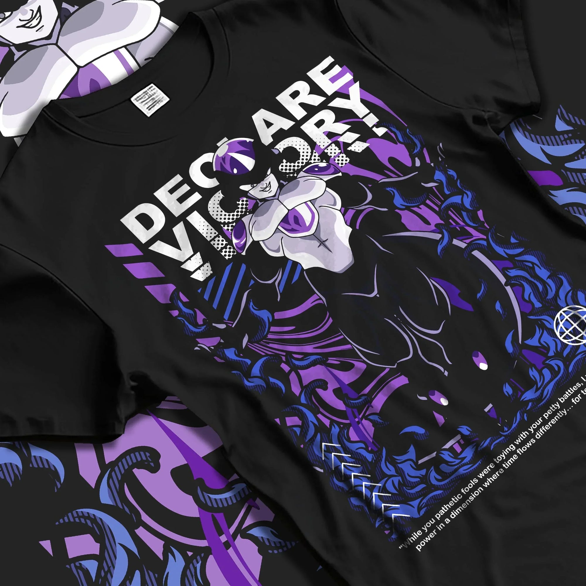 Black T-shirt laid flat with natural folds with Frieza Hoodie Dragon Ball Z Emperor Declare Victory graphic streetwear graphic.