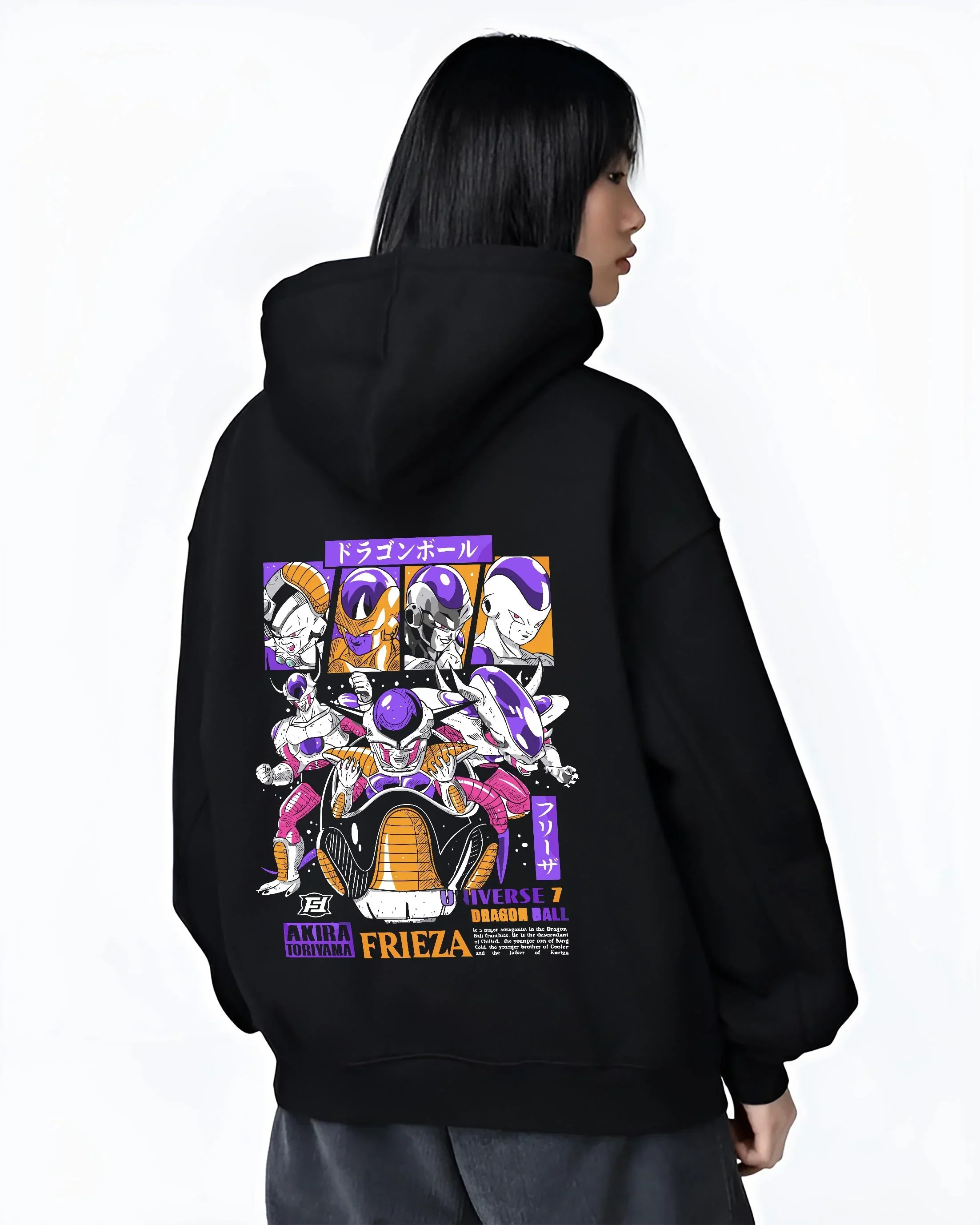 Black hoodie worn by female model, back view with Frieza Hoodie Dragon Ball Z Emperor Golden Squad graphic bold anime graphic.