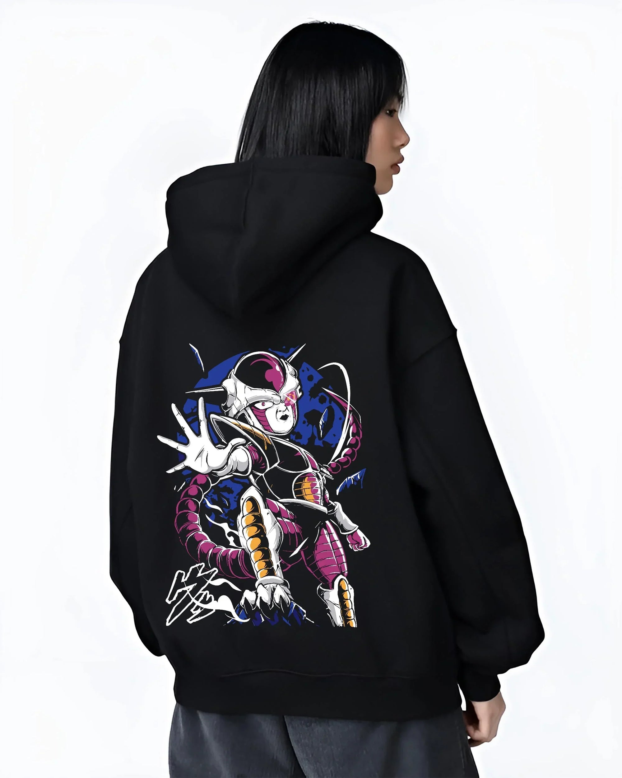 Black hoodie worn by female model, back view with Frieza Hoodie Dragon Ball Z Final Form Energy Pose graphic Frieza anime design.
