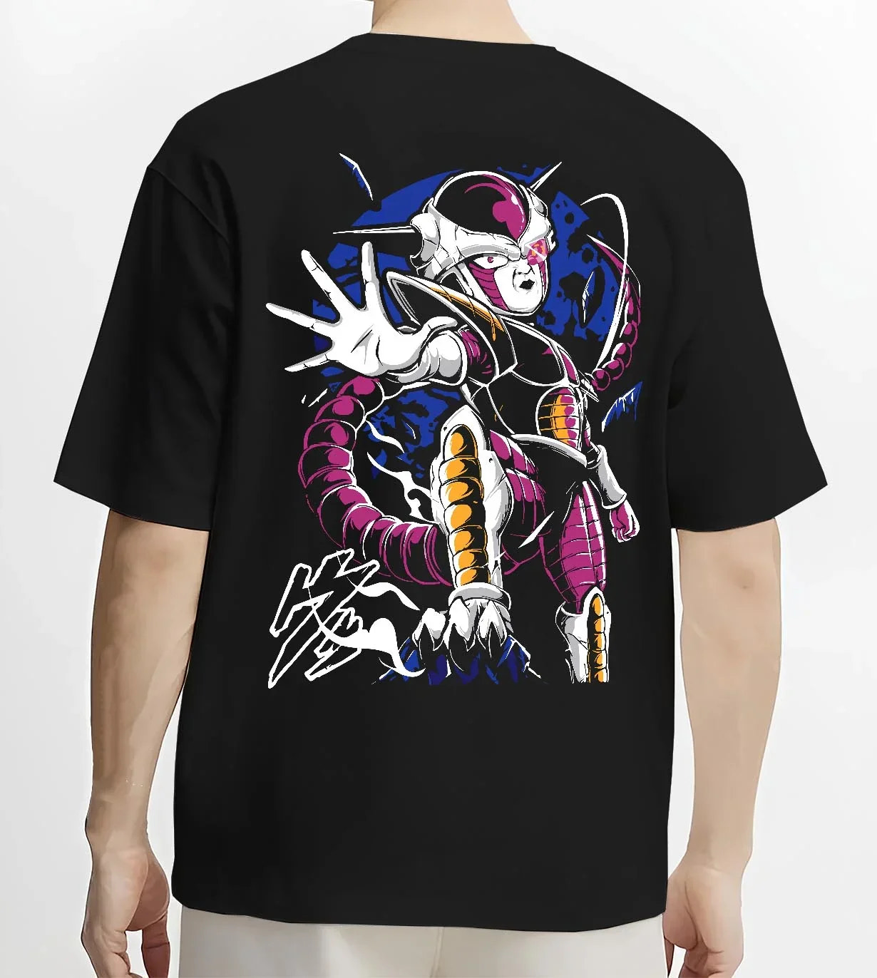 Black T-shirt worn by male model, back view with Frieza Hoodie Dragon Ball Z Final Form Energy Pose graphic premium wear.