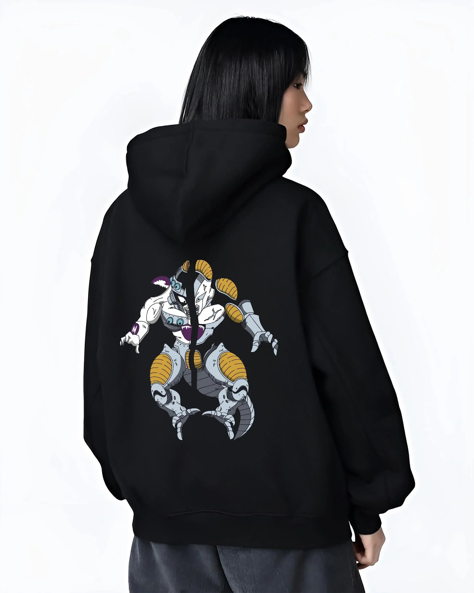 Black hoodie worn by female model, back view with Frieza Hoodie Dragon Ball Z Mecha Cyborg Version graphic premium wear.