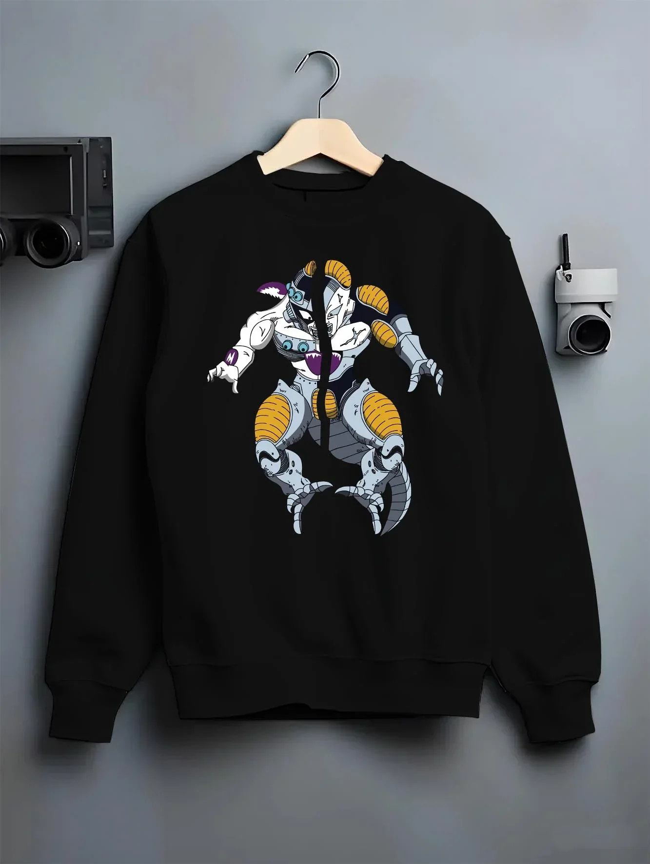 Black crewneck sweatshirt on hanger with Frieza Hoodie Dragon Ball Z Mecha Cyborg Version graphic bold anime graphic.
