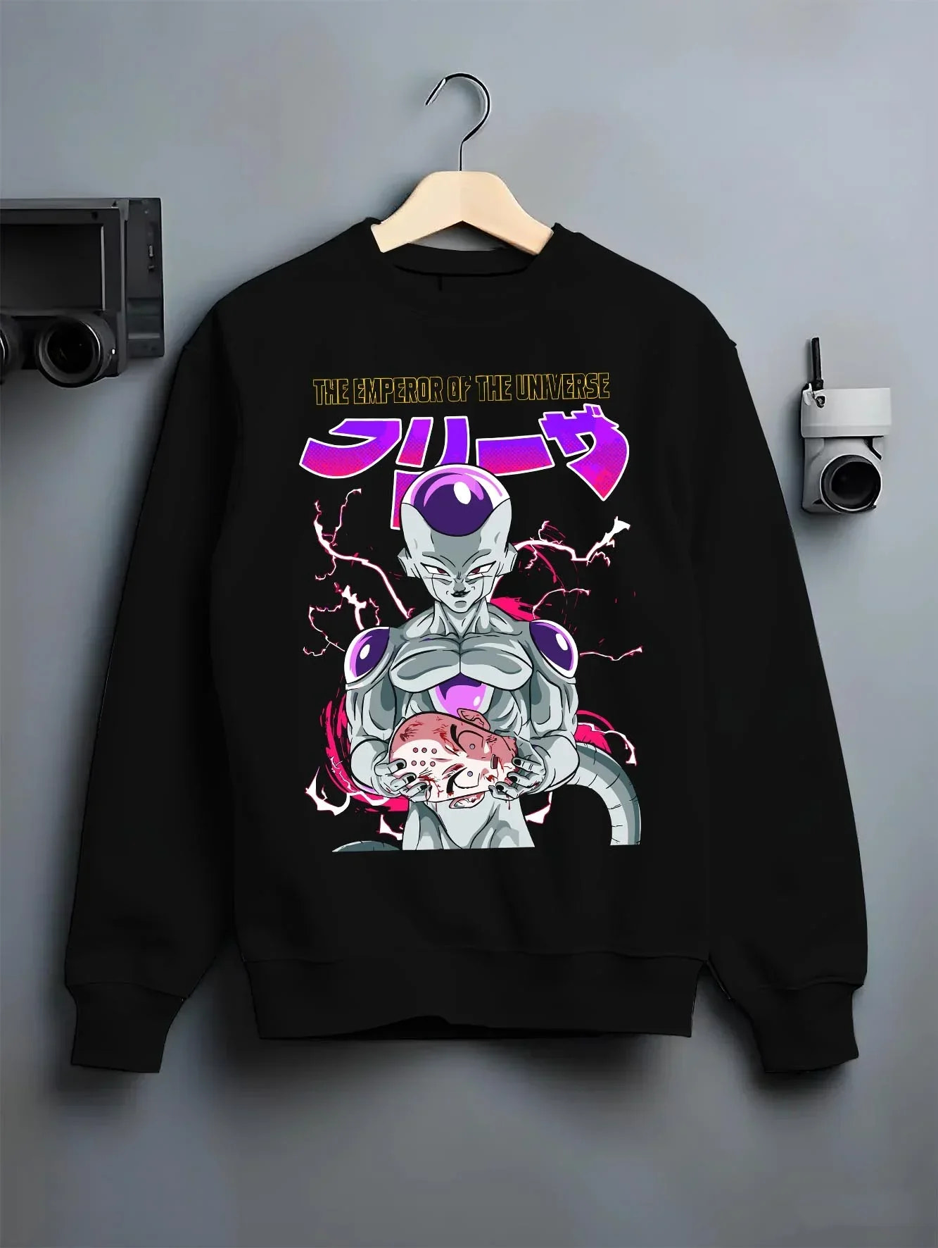 Black crewneck sweatshirt on hanger with Frieza Hoodie Dragon Ball Z Tyrant Emperor Purple graphic bold anime graphic.