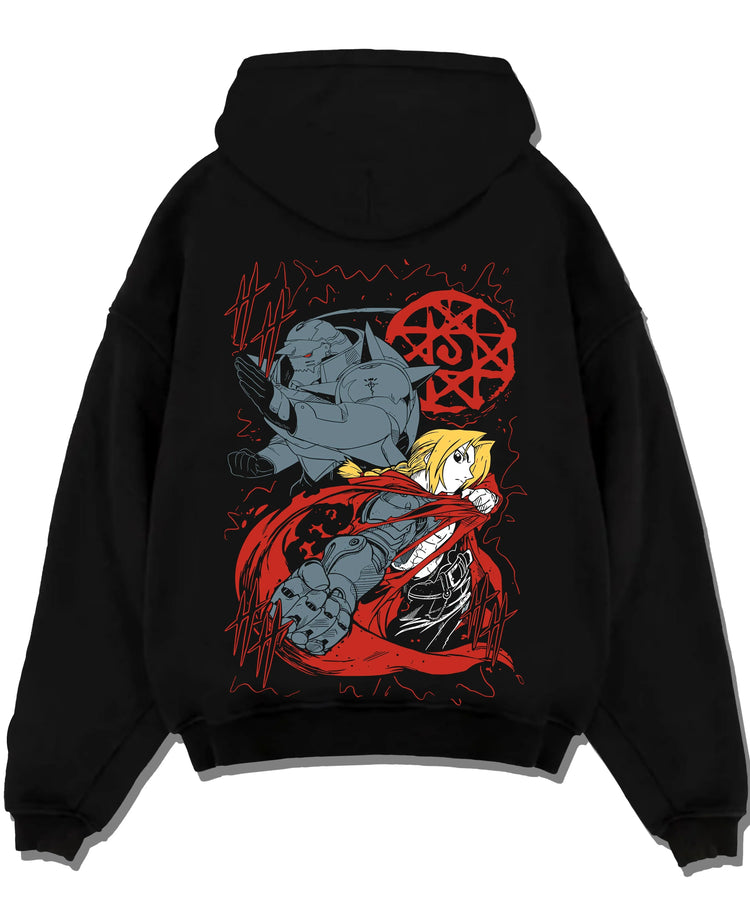 Black pullover hoodie laid flat with Edward Elric Hoodie Fullmetal Alchemist Red Energy graphic streetwear graphic.