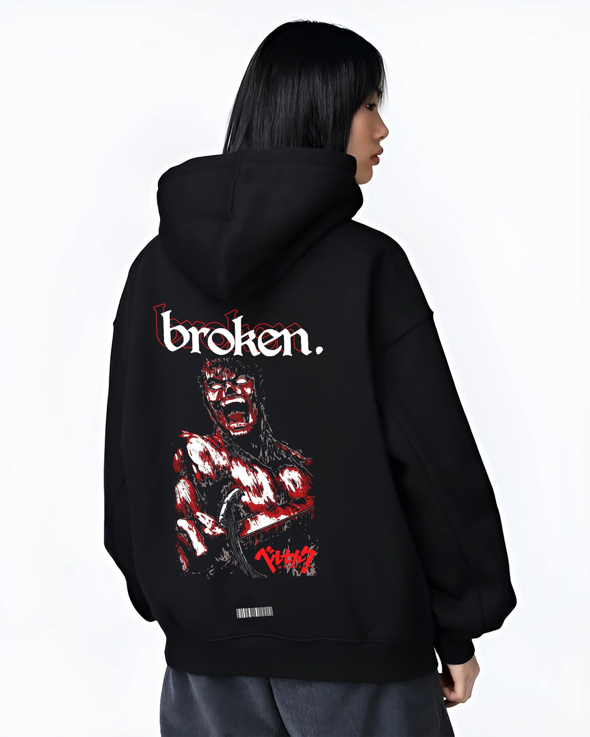 Black hoodie worn by a female model, back view, featuring Berserk Guts anime poster style graphic with red and black bloody artwork in retro manga aesthetic.