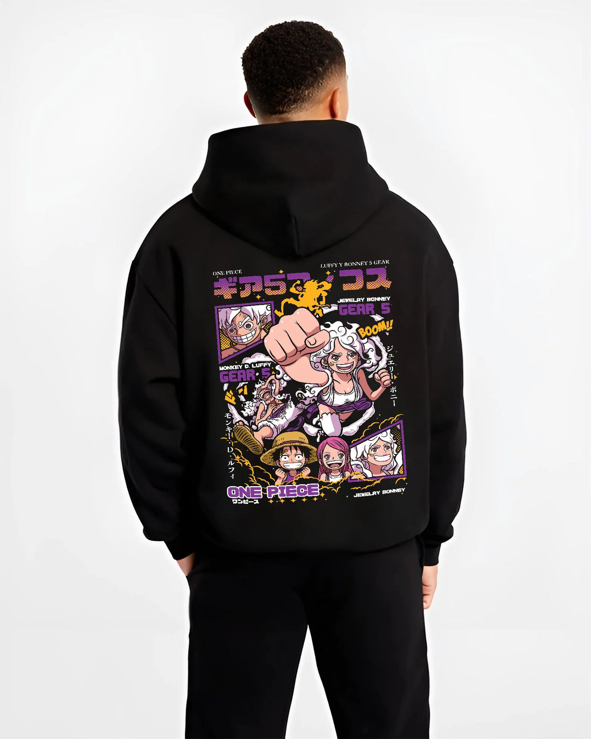 Black hoodie model back view with Monkey D. Luffy Gear 5 and Jewelry Bonney Gear 5 from One Piece illustrated back graphic