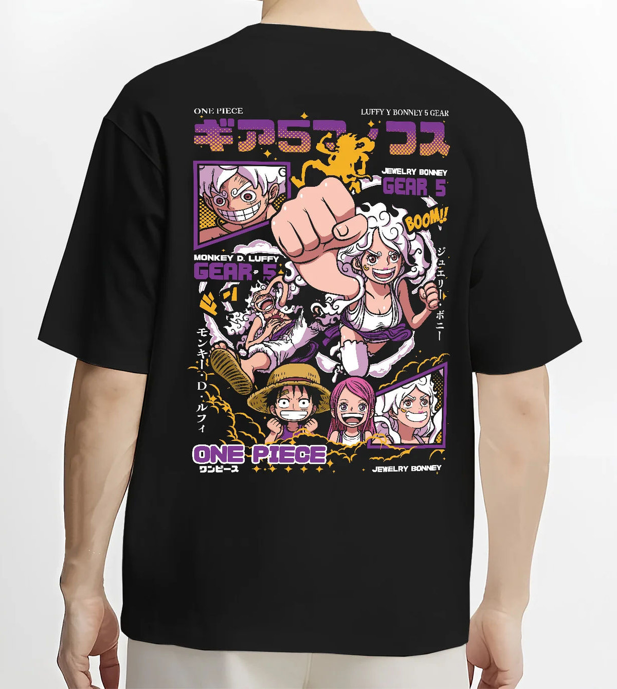 Black T-shirt model back view with Monkey D. Luffy Gear 5 and Jewelry Bonney Gear 5 from One Piece illustrated back graphic
