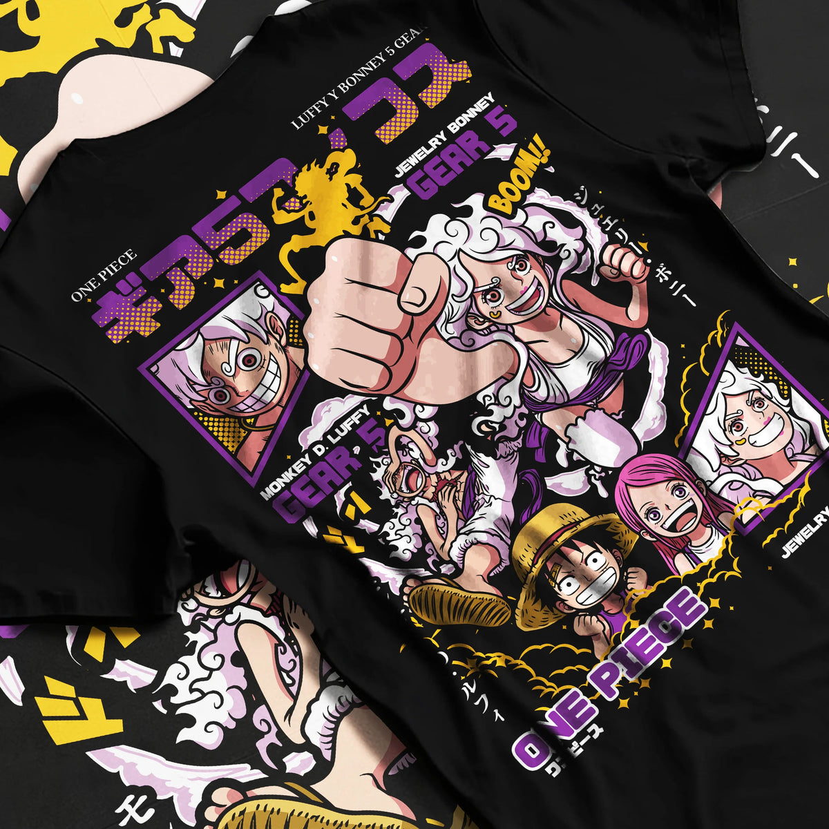 Black T-shirt flat back view with Monkey D. Luffy Gear 5 and Jewelry Bonney Gear 5 from One Piece illustrated back graphic